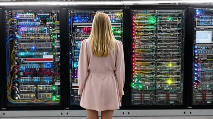 Poster - Tech Innovator Contemplating Server Rack: A woman gazes upon a vibrant server rack with focus. The scene depicts data, network, and technology.