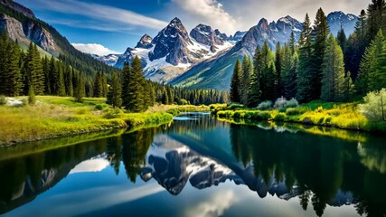 Aufkleber - Serene river reflects majestic snow-capped peaks and lush evergreen forest at sunrise.