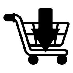 Poster - Shopping trolley with down arrow solid icon, shopping concept. Vector graphics. Upload to cart,, peeking product sign on white background, glyph style mobile or design.