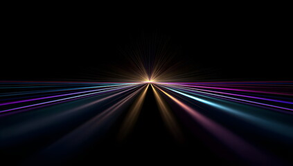 Poster - Colorful light trails converge on a dark background. An abstract display of speed and movement. Represents light painting and visual effects for futuristic design.