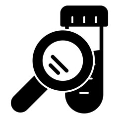 Poster - flask with magnifier solid icon, clinical research concept. vector graphics. magnifying glass and te