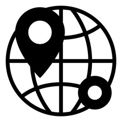 Poster - Globe with location pin solid icon, world shipping concept. Vector graphics. Planet delivery service sign on white background, glyph style mobile or design.