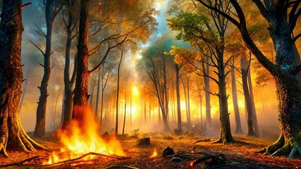 Poster - Enchanted Forest Sunrise A Mystical Bonfire Amidst Golden Autumn Hues and Whispering Woods