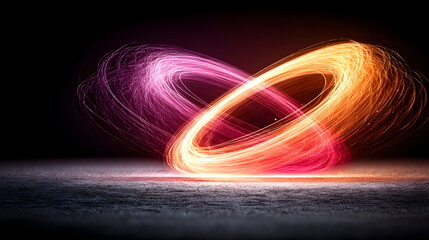 Poster - Glowing Light Trails Swirling Over Surface. Abstract long exposure of luminous streaks in pink and orange for science, technology or energy related presentation backdrop