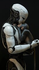 Poster - Advanced AI humanoid robot interacting with a chimpanzee, exchanging a symbolic gesture, representing artificial intelligence, evolution, and the connection between technology and nature in a dark fut