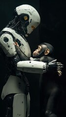 Poster - Advanced AI humanoid robot interacting with a chimpanzee, exchanging a symbolic gesture, representing artificial intelligence, evolution, and the connection between technology and nature in a dark fut