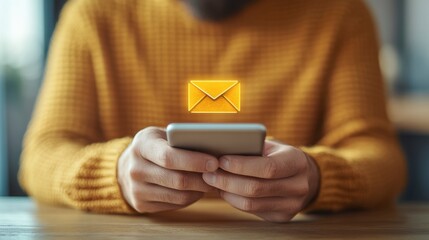 Poster - Person using smartphone with glowing email icon, close up view, shallow depth of field.