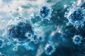 Poster - Visual representation of virus particles in a microscopic environment under blue lighting