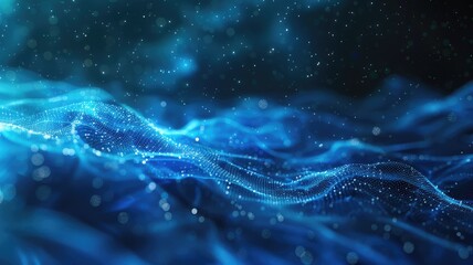 Poster - Abstract blue glowing wireframe waves on a dark background. Digital art for design of global connection with glowing blue dots and line connecting together. Global communication. Innovation. AIG53.
