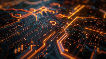 Poster - Vibrant color circuit board with detailed lines and patterns on a dark background. Digital art for design. Abstract image of wireframe or motherboard with glowing color with electronic parts. AIG53.
