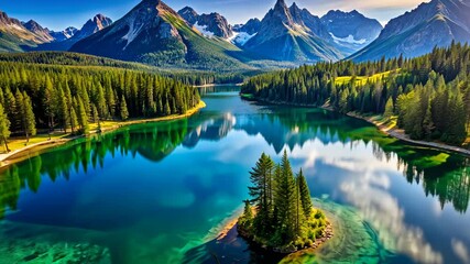 Aufkleber - Serene lake reflections beneath majestic peaks, embraced by lush forests and tranquil waters.