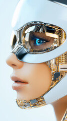 Poster - Futuristic humanoid with cybernetic design looking directly at camera. Sleek metallic features and glowing blue eye create a mesmerizing visual. Concept of technology, innovation, automation