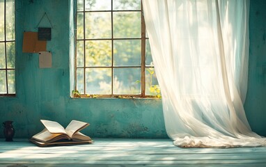 Poster - Sunlight streams through a window, illuminating a room with a book and sheer curtains