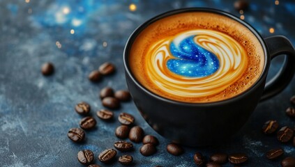 cosmic latte art, a cup of coffee with a unique, swirling design on top, featuring a celestial, blue