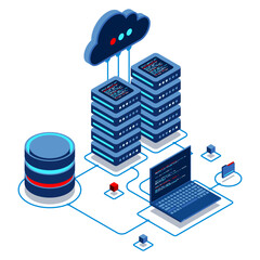 Poster - Cloud technology computing concept. Modern cloud technology. Data center isometric concept. Isometric cloud technology with datacenter. Web hosting concept. Isometric technology