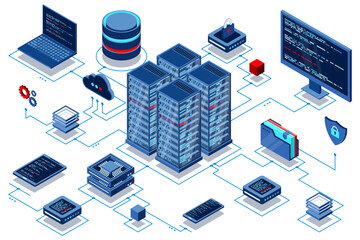 Fototapete - Computation of big data center. Cloud computing. Online devices upload and download information. Isometric technology
