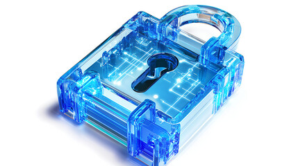 Poster - transparent blue lock icon with holographic style, surrounded by digital lines and data points, on a