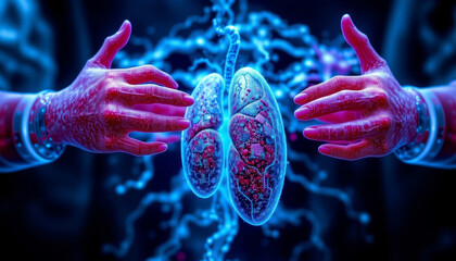 Poster - digital representation of lungs being held by hands, showcasing bio printed organs
