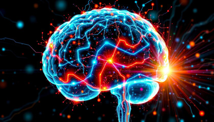 Poster - colorful brain illustration with glowing neural connections and energy bursts
