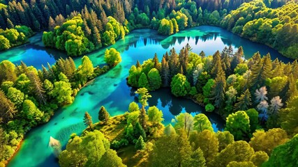 Aufkleber - Tranquil Aerial View of Lush Green Islands in a Serene Blue Lake
