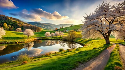 Aufkleber - Serene spring landscape with blooming trees, tranquil pond, and dirt road at sunset