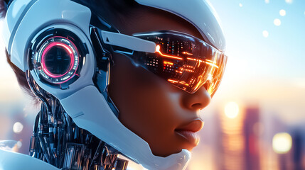 Poster - Robot woman with sleek design and illuminated features gazing into distance. Urban environment with modern architecture at dusk. Concept of technology, innovation, and artificial intelligence