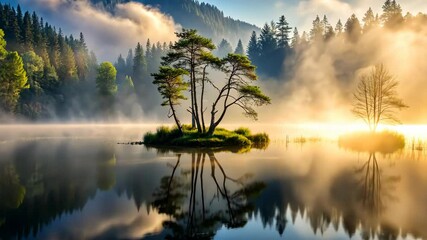 Poster - Sunrise Mist Over a Serene Lake Island with Pine Trees and Forest Reflection