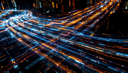 Poster - Illuminated streaks of light create dynamic urban scene, showcasing vibrant traffic patterns
