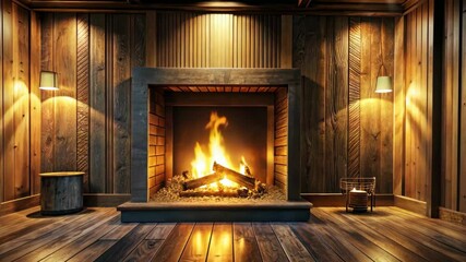 Poster - Cozy Cabin Fireplace Warm Rustic Charm with Burning Logs and Ambient Lighting