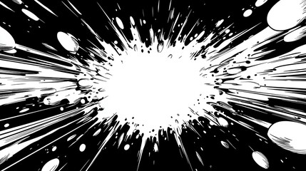 Poster - dynamic manga panel, ink splash effects, speed lines, bold black outlined text bubble, vibrant energ
