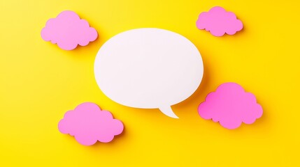 Poster - Pastel Cloud Collage with Blank Speech Bubble, a vibrant yellow backdrop enhances whimsical paper-cut designs, inviting imagination and creativity in expression.