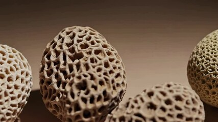 Poster - Closeup of textured natural spheres gradually rotating on a soft beige background