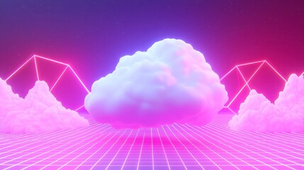 Poster - Retro 80s Burst with Neon Grid, vibrant neon grid background, central floating white cloud bubble, surrounded by dynamic geometric sparks and shapes, colorful and energetic atmosphere