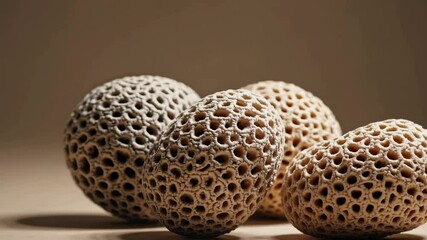 Poster - Closeup movement of textured spheres on neutral surface in gentle light transition