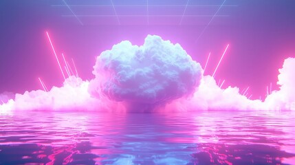 Poster - Retro 80s Burst, vibrant neon grid backdrop, central floating white cloud bubble, surrounded by dynamic geometric sparks and shapes, evoking nostalgic digital aesthetics