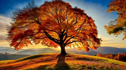 Aufkleber - Golden Autumn Tree on a Hilltop at Sunrise