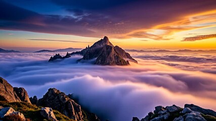 Poster - Majestic Mountain Peak Above a Sea of Clouds at Sunset