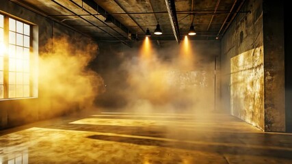 Poster - Empty industrial warehouse with golden light and smoke