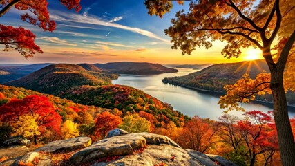 Aufkleber - Majestic Autumn Sunset over Tranquil River Valley with Vibrant Foliage