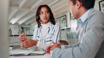 Poster - Call center training, computer and people with writing for customer service notes, consulting intern and advice. Telemarketing, junior consultant and coaching for lead generation and inbound support