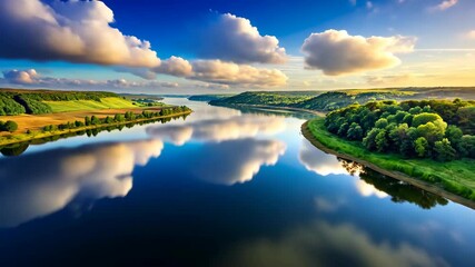 Poster - Serene river landscape with reflections of clouds and lush greenery under a vibrant sky