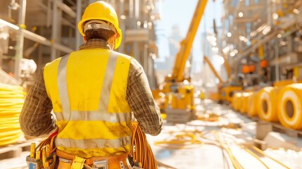 Poster - Electrician in Action on Construction Site, focused and skilled, equipped with tools, hard hat, reflective vest, amidst cable rolls and structural steel, dynamic work environment