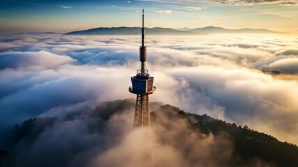 Poster - Golden hour view of telecommunications tower high above a sea of clouds