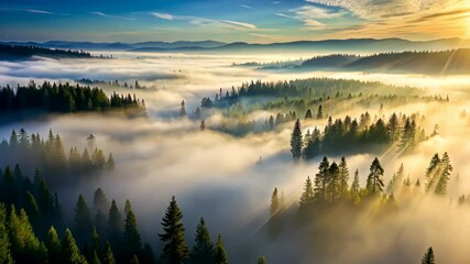 Poster - Misty Sunrise Over a Serene Mountain Forest with Fog and Sun Rays