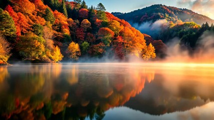 Poster - Tranquil autumn sunrise over a misty lake with colorful foliage and a peaceful dock.