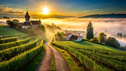 Poster - Sunrise over a Tranquil Vineyard A Breathtaking View of Nature's Beauty