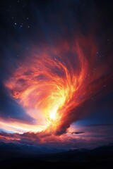 Wall Mural - fiery vortex sky illuminates mountains at dusk under starry night backdrop