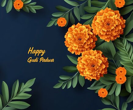 Happy Gudi Padwa written in yellow color on top of large green leaves with orange marigold flowers around it