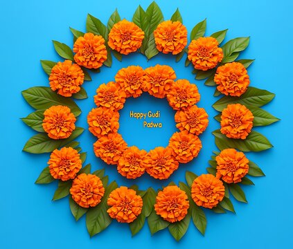 Happy Gudi Padwa written in yellow color on top of large green leaves with orange marigold flowers around it