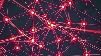 Poster - Dynamic red network of glowing nodes and interconnected lines pulsating in dark space